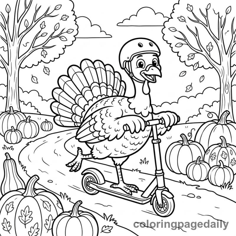 Turkey Riding a Scooter - Daily printable coloring page in Thanksgiving category