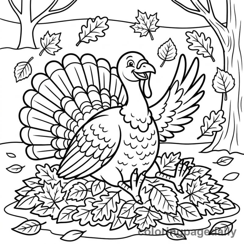 Turkey Tossing Autumn Leaves - Daily printable coloring page in Thanksgiving category