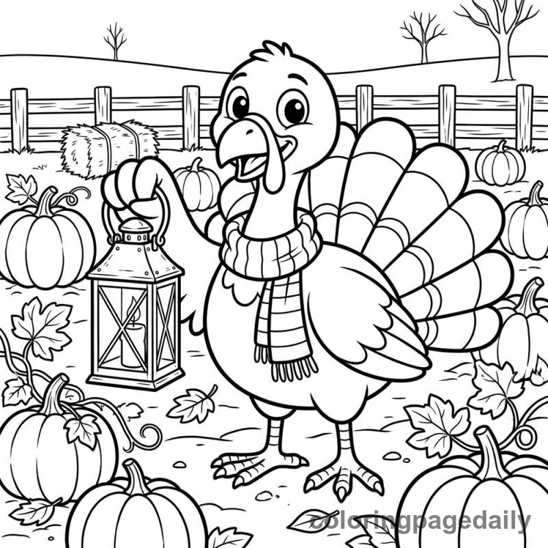 Turkey with Harvest Lantern - Daily printable coloring page in Thanksgiving category