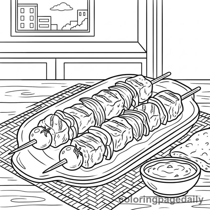 Turkish Chicken Kebabs - Daily printable coloring page in Food category