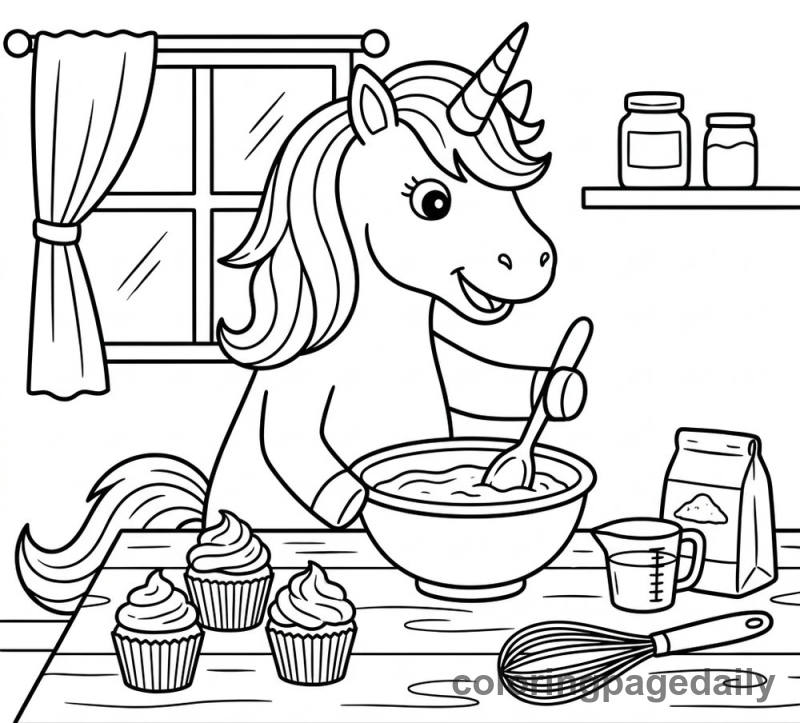Unicorn Baking Cupcakes - Daily printable coloring page in Mythical Creature category