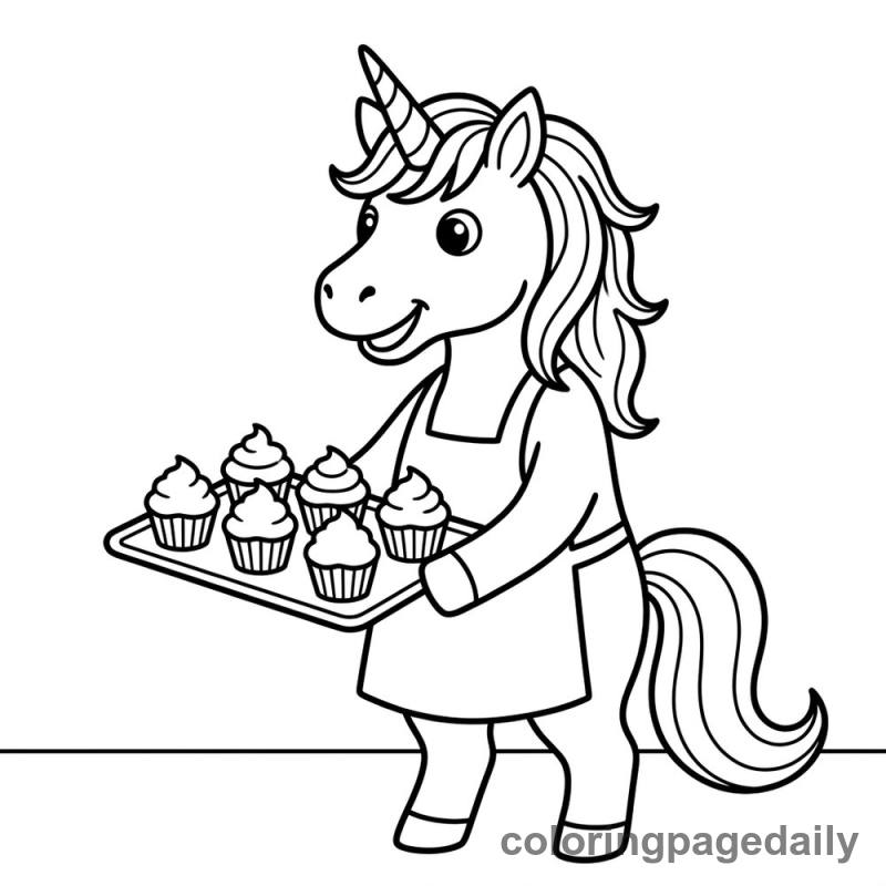 Unicorn Baking Cupcakes - Daily printable coloring page in Mythical Creature category