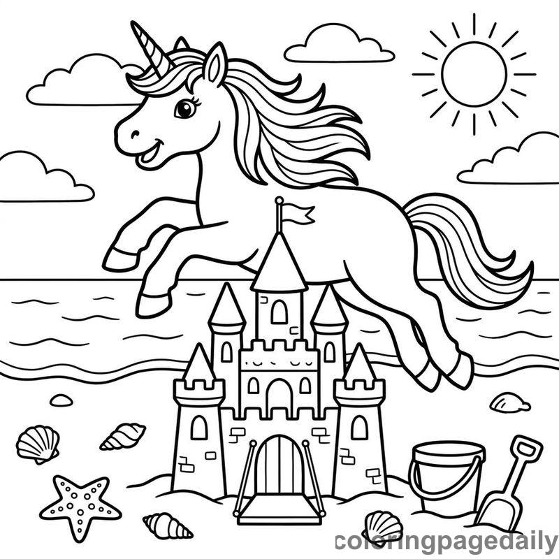Unicorn Leaping Over Sandcastle - Daily printable coloring page in Mythical Creature category