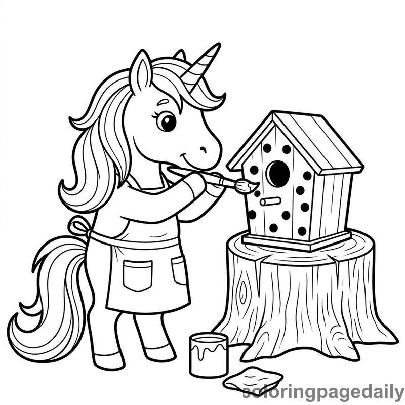 Unicorn Painting A Birdhouse - Daily printable coloring page in Mythical Creature category