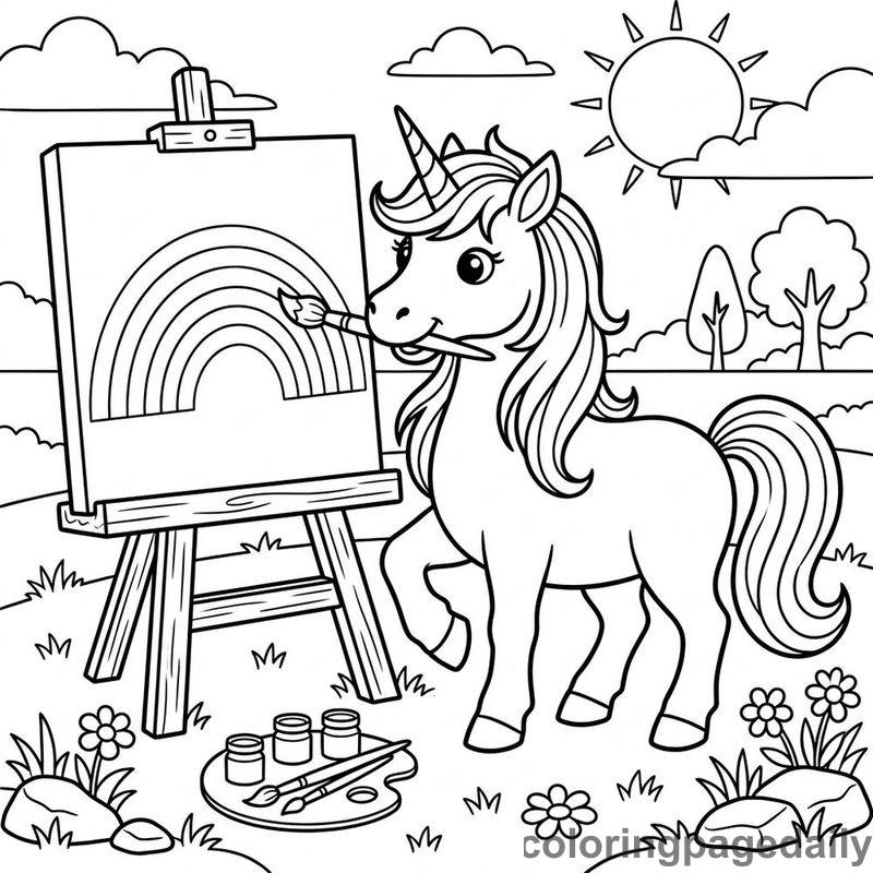 Unicorn Painting Rainbow - Daily printable coloring page in Mythical Creature category