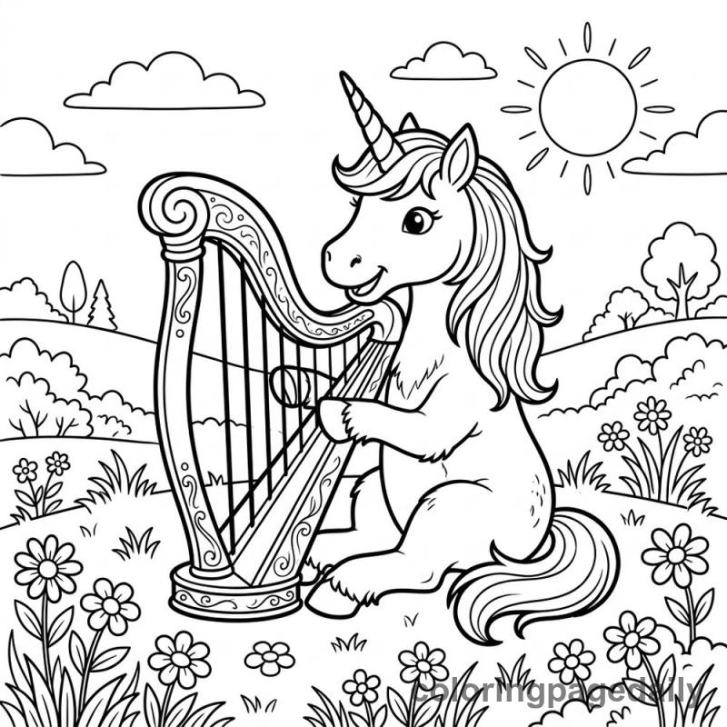 Unicorn Playing Harp - Daily printable coloring page in Mythical Creature category