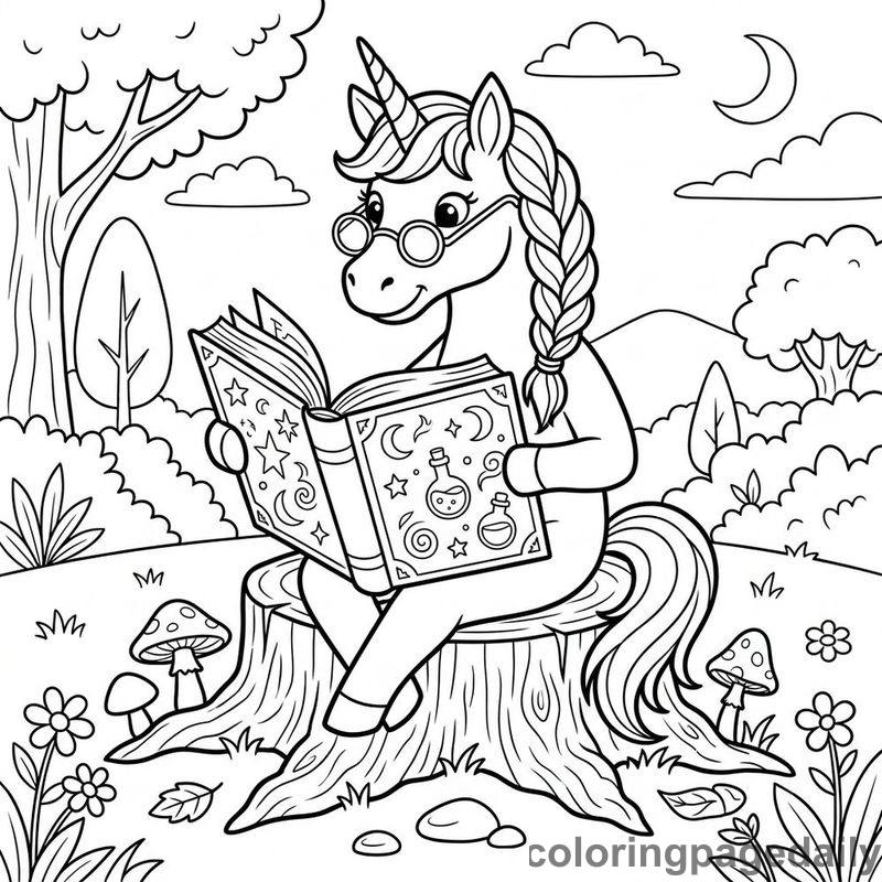 Unicorn Reading Magical Spellbook - Colored reference example