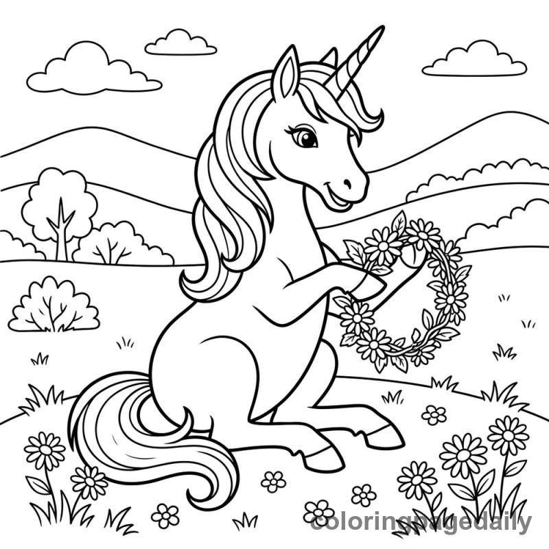 Unicorn Weaves a Flower Crown - Daily printable coloring page in Mythical Creature category