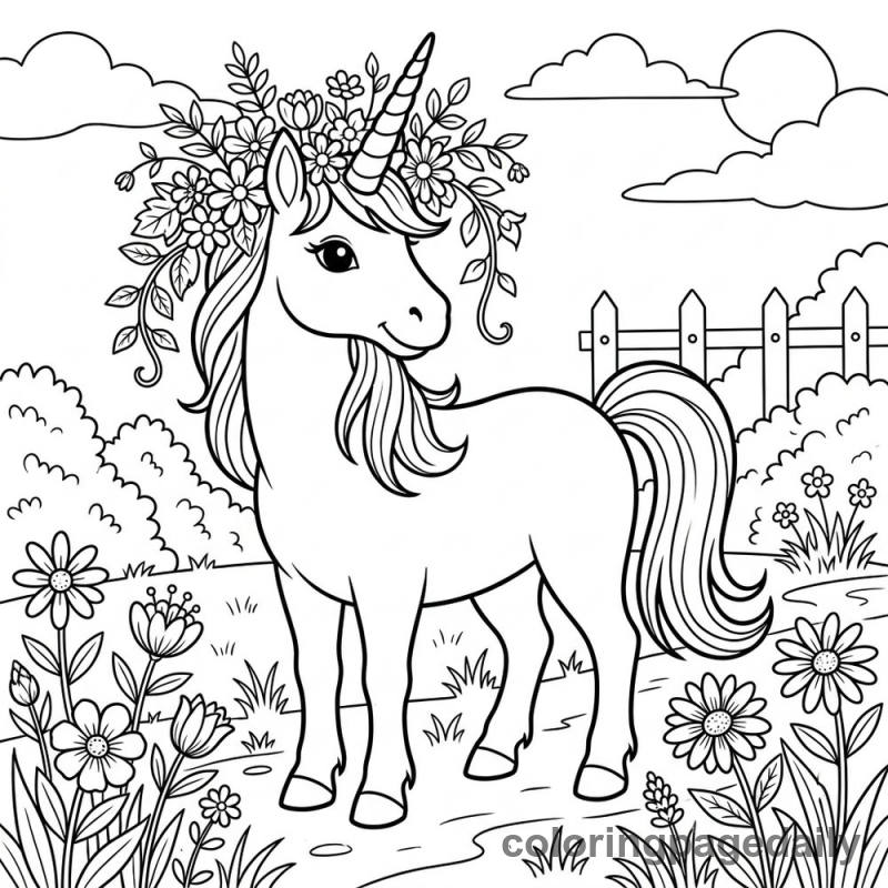 Unicorn Weaving a Flower Crown - Colored reference example