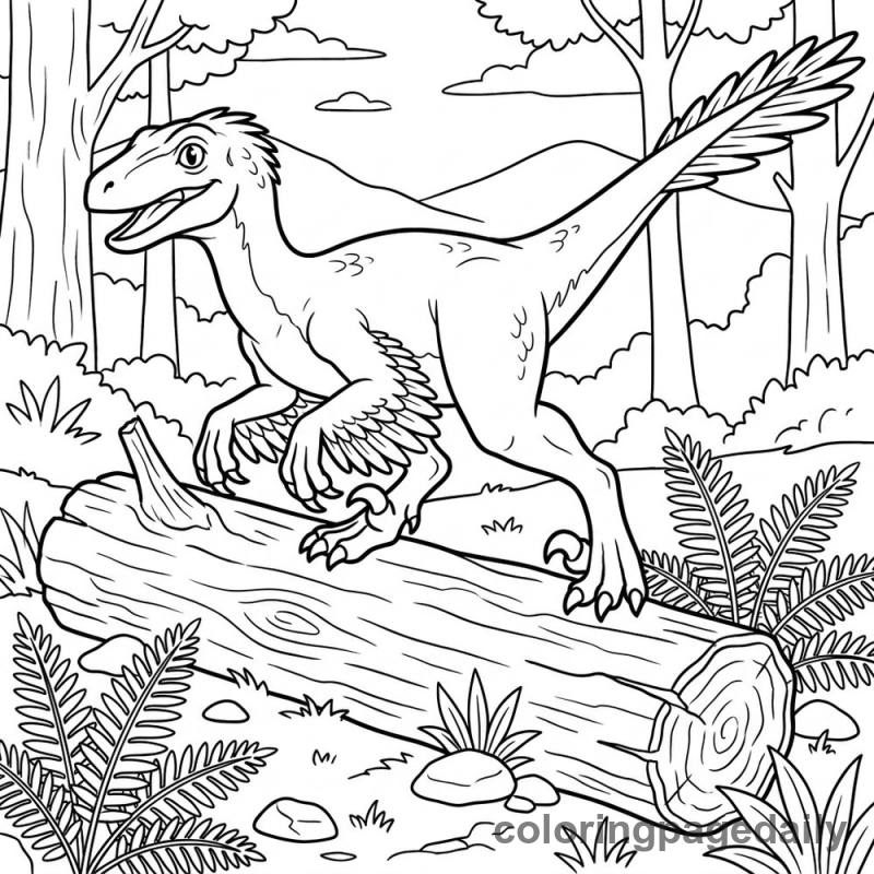Velociraptor Jumping Log - Daily printable coloring page in Dinosaur category