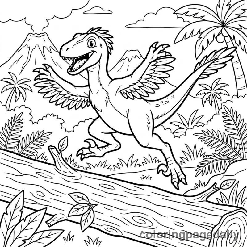Velociraptor Leaping Log - Daily printable coloring page in Dinosaur category
