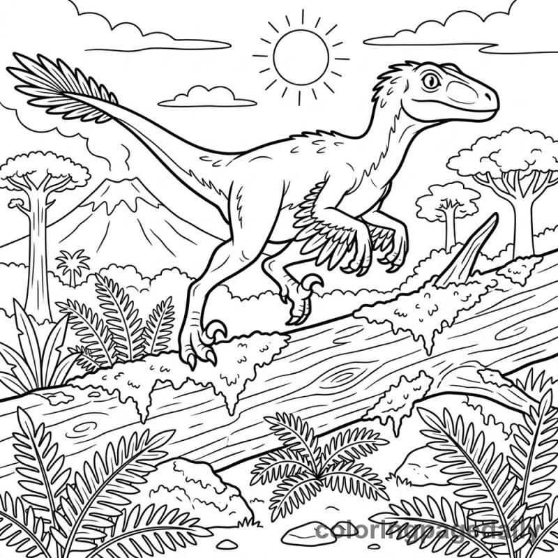 Velociraptor Leaping Over Log - Daily printable coloring page in Dinosaur category