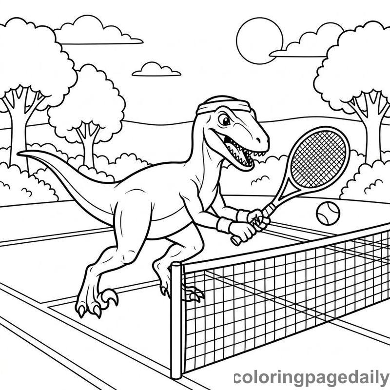 Velociraptor Playing Tennis - Daily printable coloring page in Dinosaur category