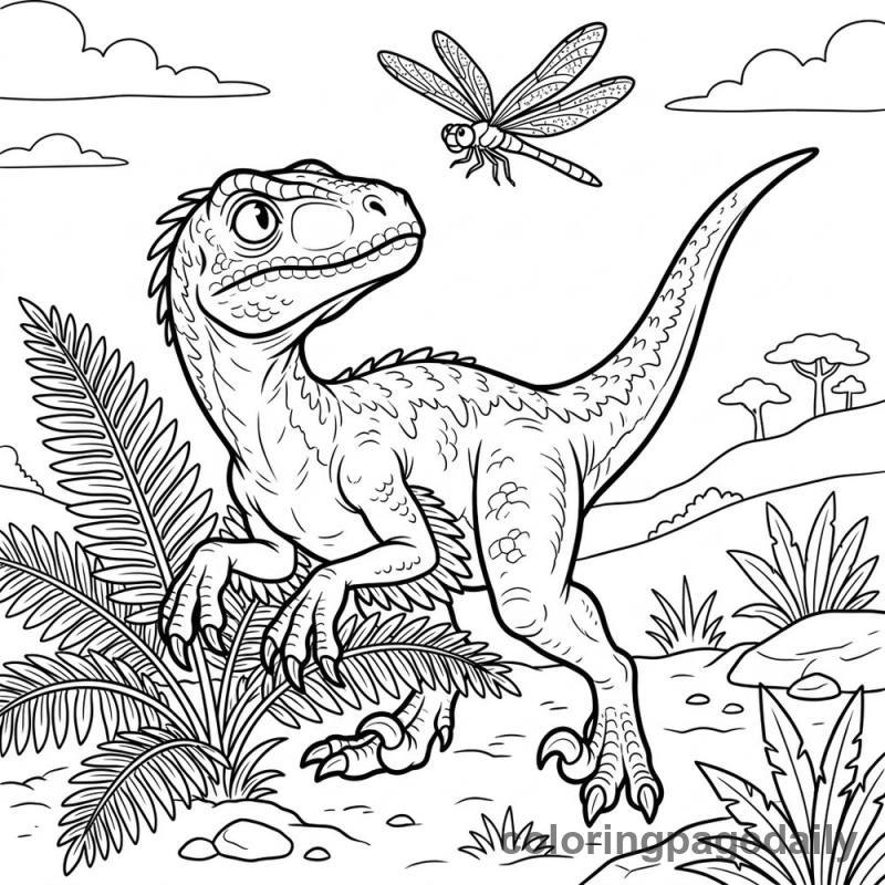 Velociraptor Watching Dragonfly - Colored reference example