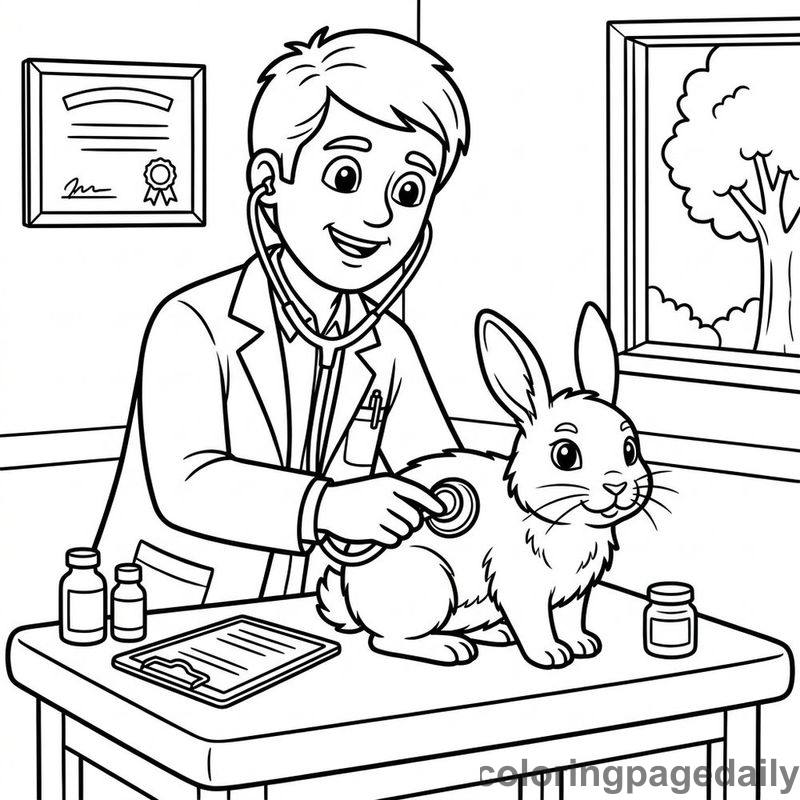 Veterinarian Examining A Bunny - Daily printable coloring page in Professions category
