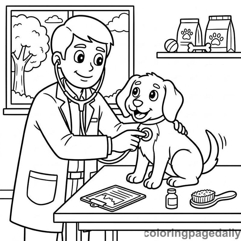 Veterinarian Examining A Puppy - Daily printable coloring page in Professions category