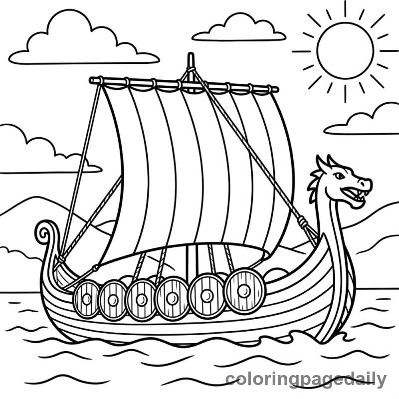 Viking Longship Sailing - Daily printable coloring page in Vehicle category