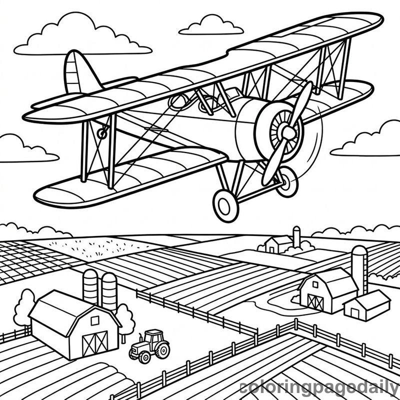Vintage Biplane Flying Over Farms - Colored reference example