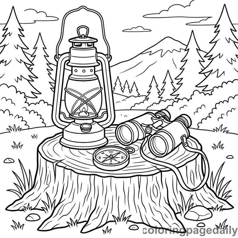Vintage Camping Equipment Resting - Daily printable coloring page in Summer Vacation category