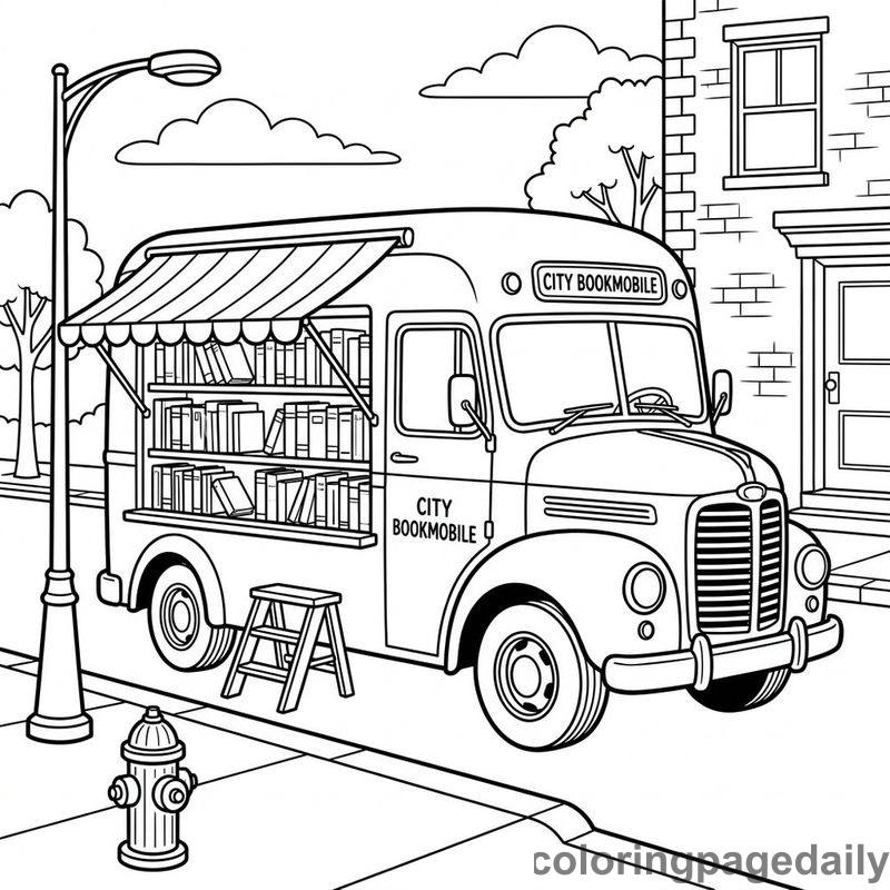 Vintage City Bookmobile Bus - Daily printable coloring page in Vehicle category