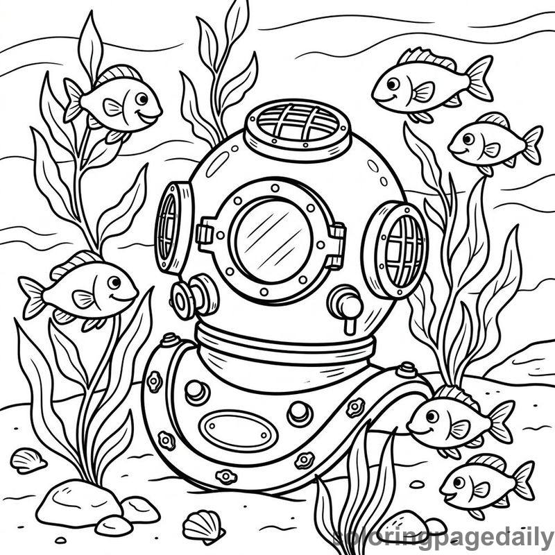 Vintage Deep Sea Helmet - Daily printable coloring page in Ocean and Underwater Life category