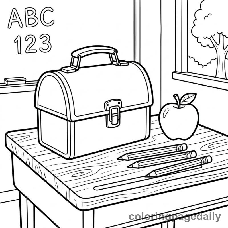 Vintage Lunchbox On Desk - Daily printable coloring page in Back to School category
