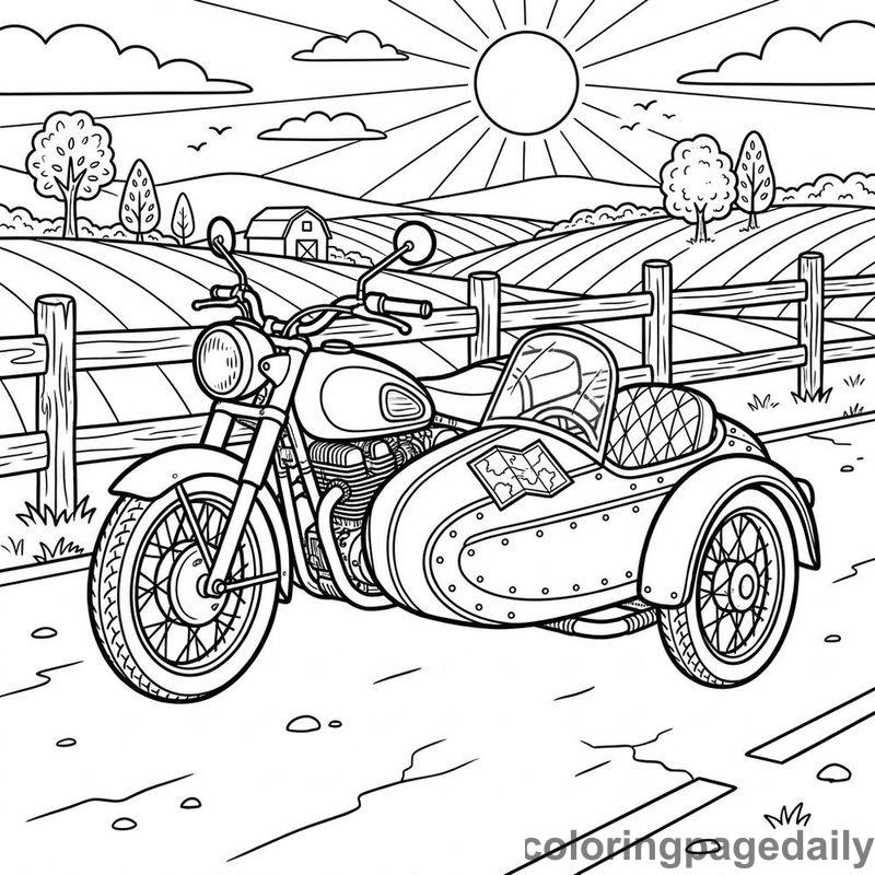 Vintage Motorcycle And Sidecar - Daily printable coloring page in Vehicle category