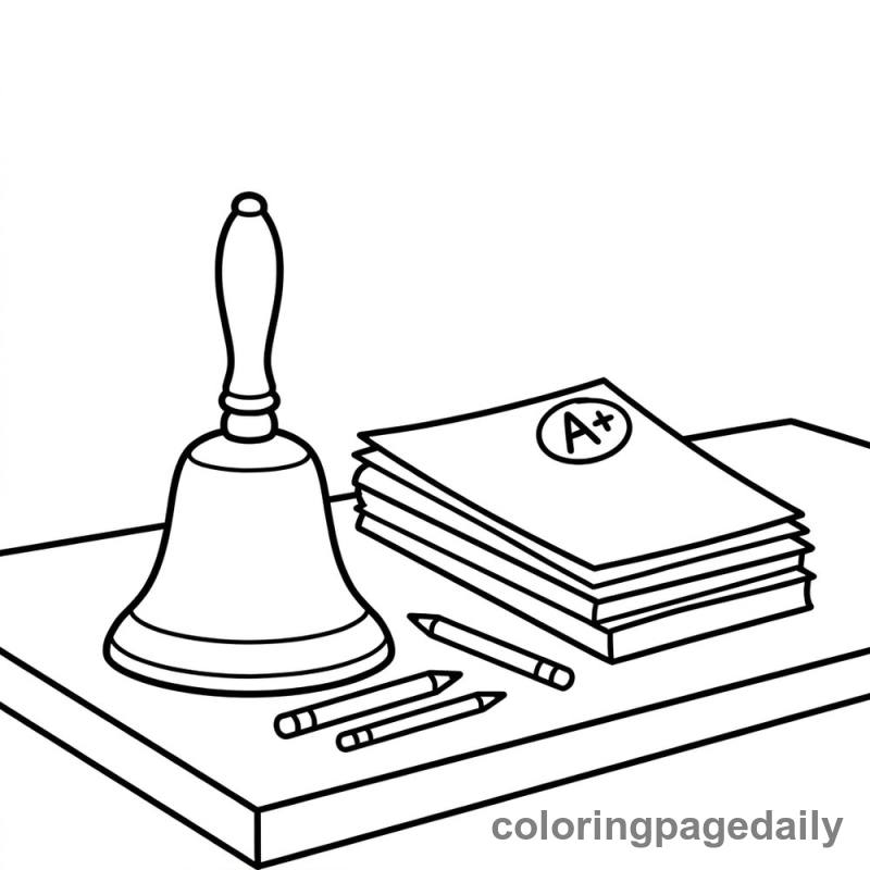 Vintage School Bell On Desk - Daily printable coloring page in Back to School category