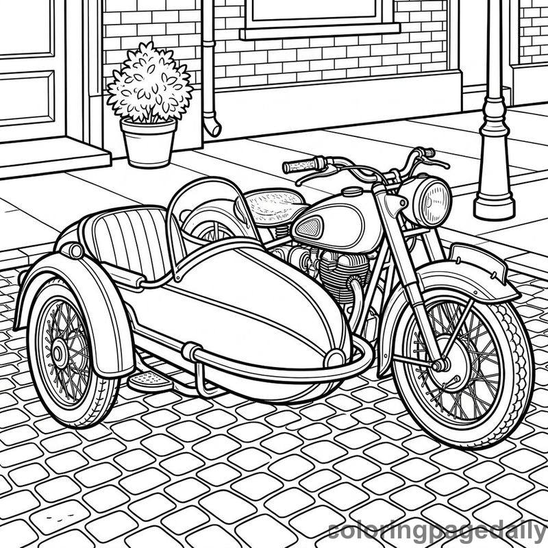 Vintage Sidecar Motorcycle Parked - Daily printable coloring page in Vehicle category