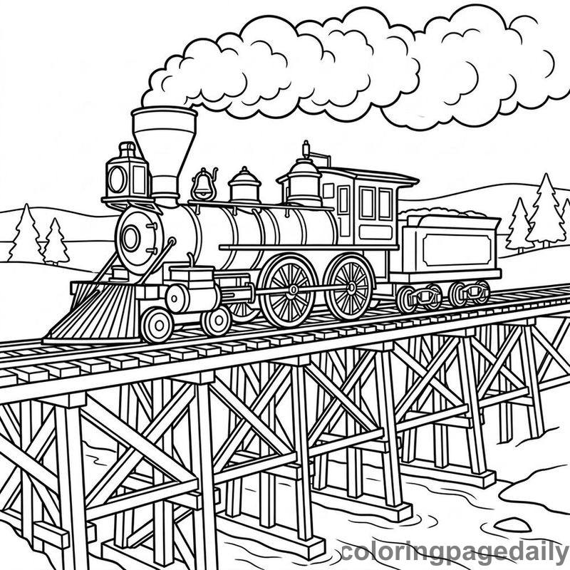 Vintage Steam Locomotive Bridge - Daily printable coloring page in Vehicle category