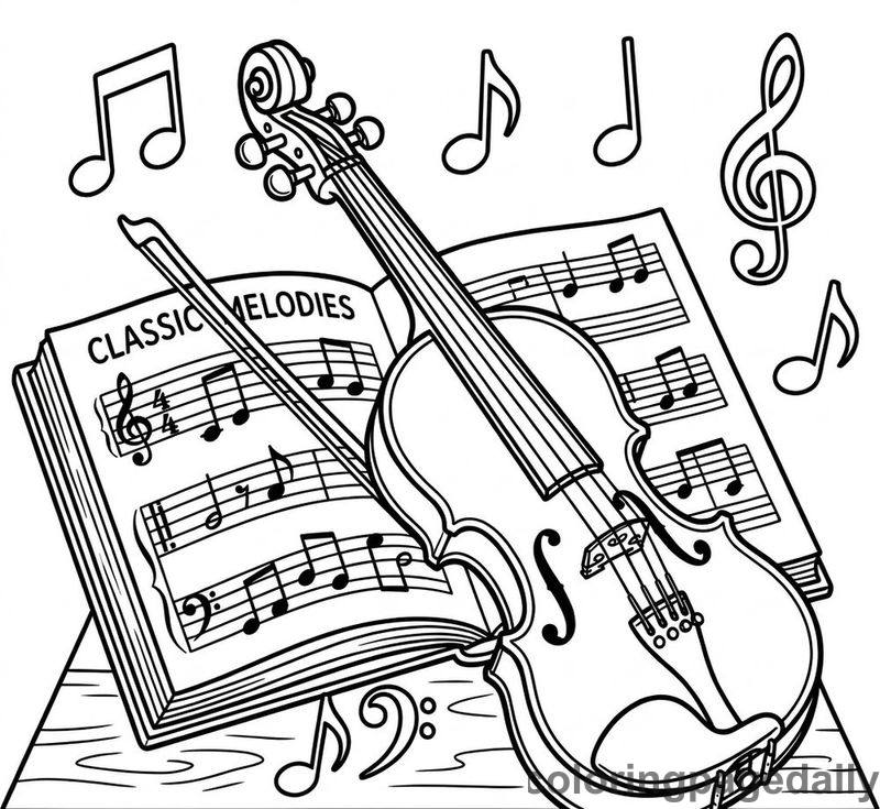 Violin On Sheet Music - Daily printable coloring page in Music and Arts category
