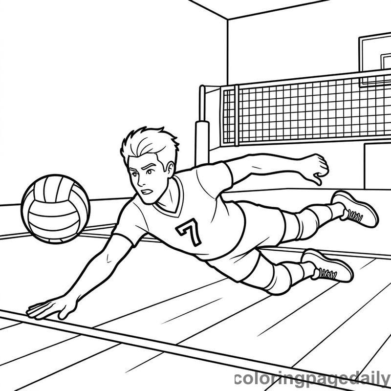 Volleyball Player Diving Dig - Daily printable coloring page in Sports category