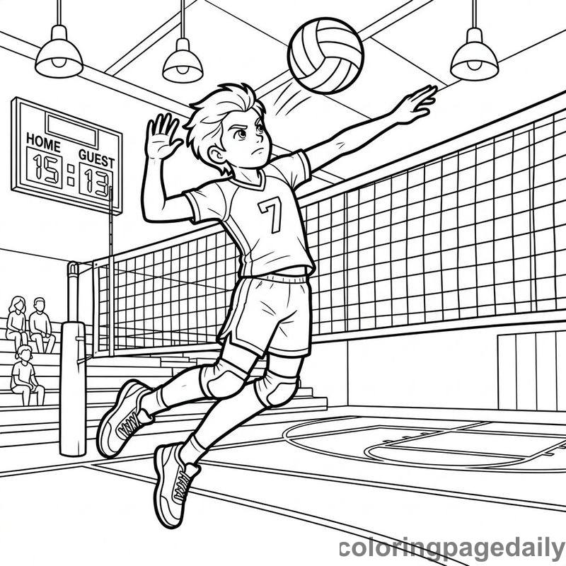 Volleyball Player Spike Jump - Daily printable coloring page in Sports category