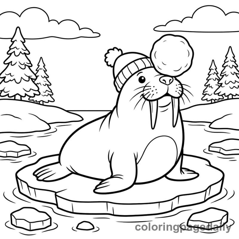 Walrus Balances a Snowball - Daily printable coloring page in Winter and Snow Season category