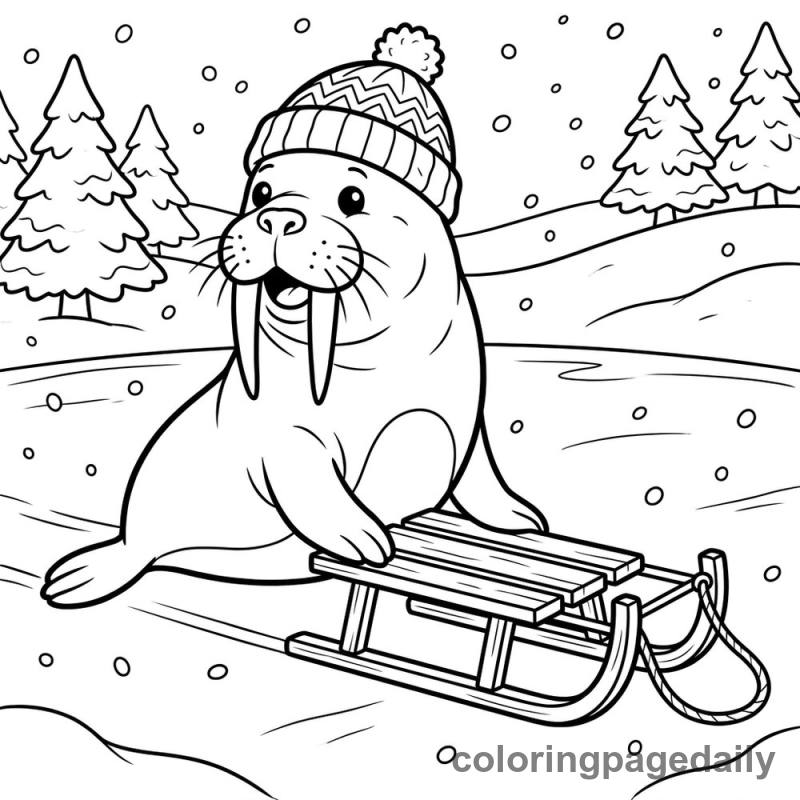 Walrus Pushing Winter Sled - Daily printable coloring page in Winter and Snow Season category