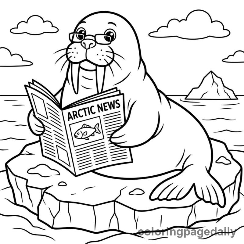 Walrus Reading Newspaper - Daily printable coloring page in Winter and Snow Season category