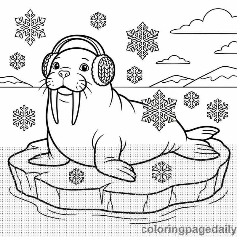 Walrus Wearing Winter Earmuffs - Daily printable coloring page in Winter and Snow Season category