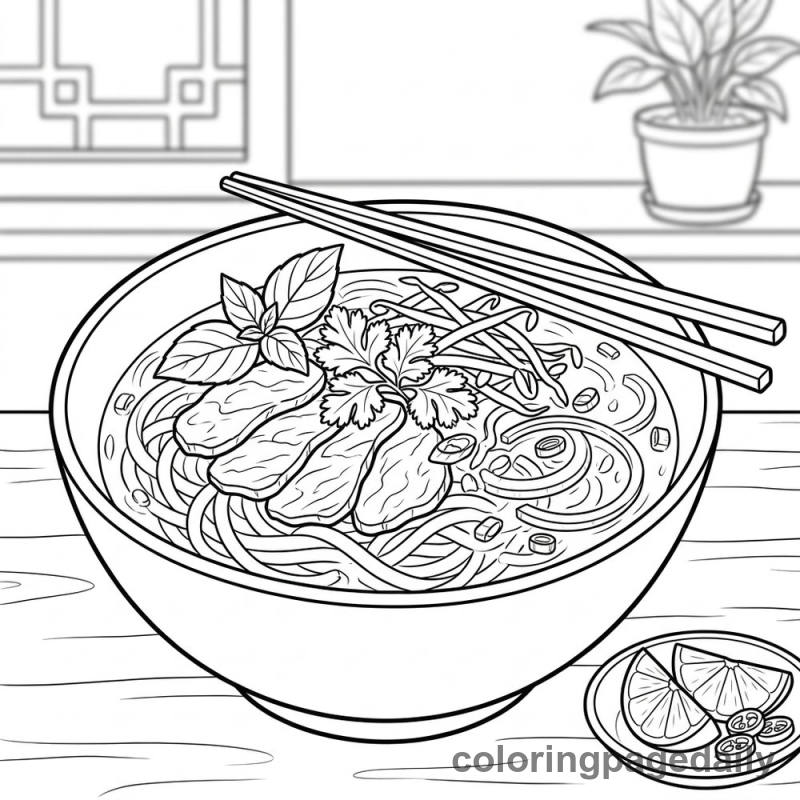 Warm Bowl of Vietnamese Phở - Daily printable coloring page in Food category