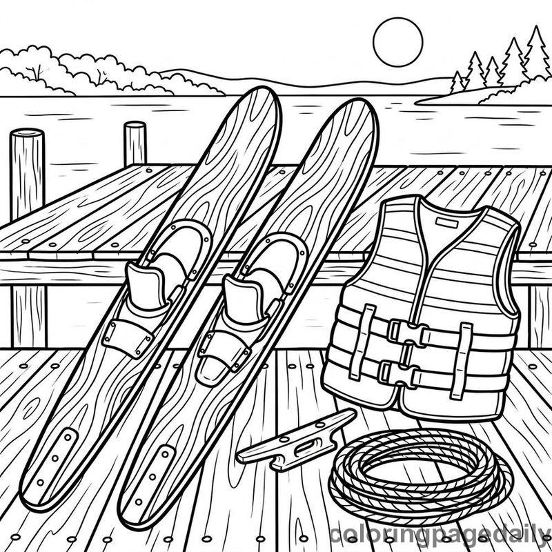 Water Skis On Lake Dock - Colored reference example