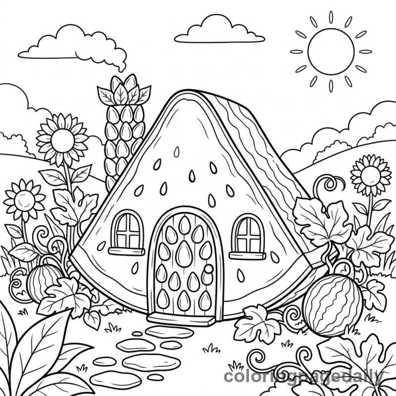 Watermelon Garden House - Daily printable coloring page in Scenery category