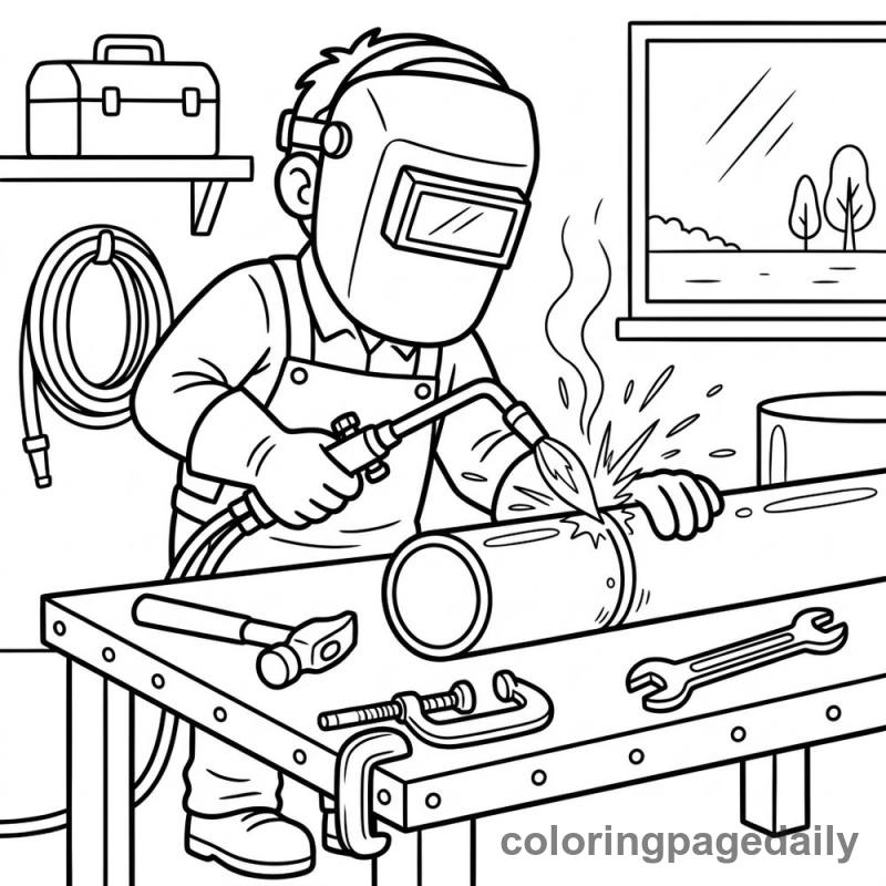 Welder Fusing Steel Pipes - Daily printable coloring page in Professions category