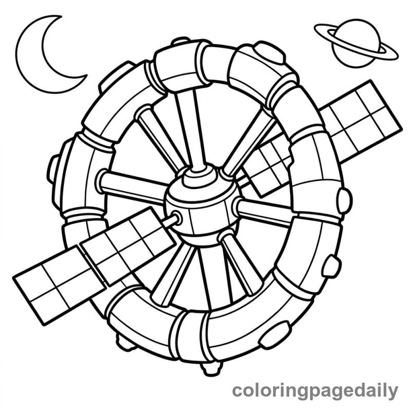 Wheel Shaped Space Station - Daily printable coloring page in Space category