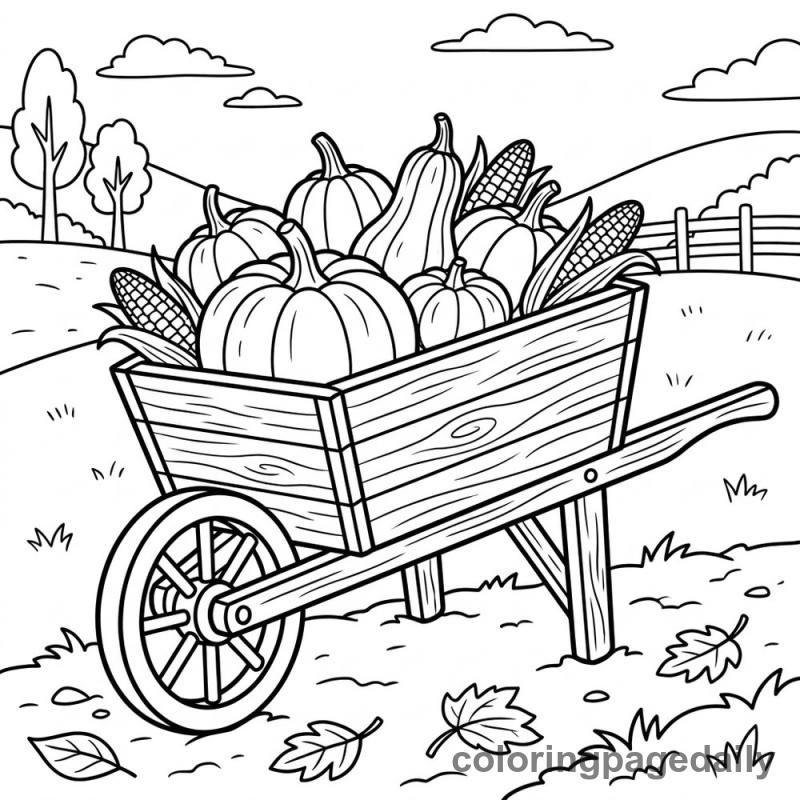 Wheelbarrow's Autumn Harvest - Daily printable coloring page in Thanksgiving category