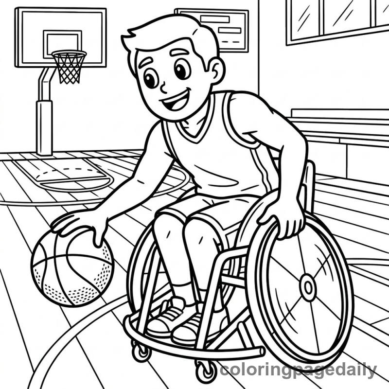 Wheelchair Basketball Dribble - Daily printable coloring page in Sports category