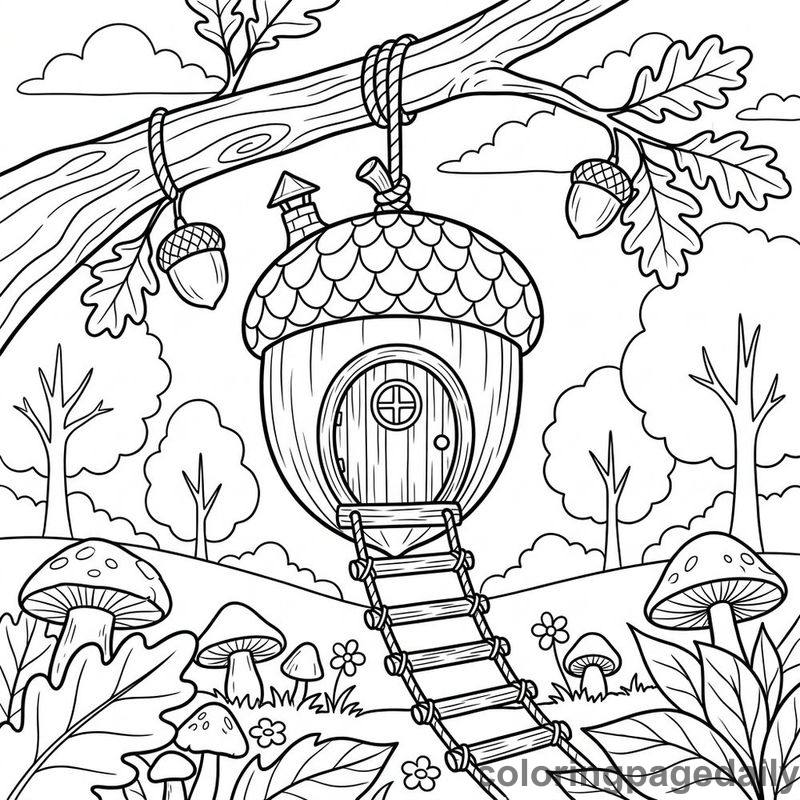 Whimsical Acorn House - Daily printable coloring page in Scenery category