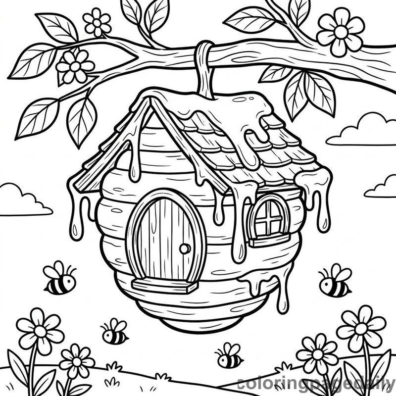 Whimsical Beehive House - Daily printable coloring page in Scenery category