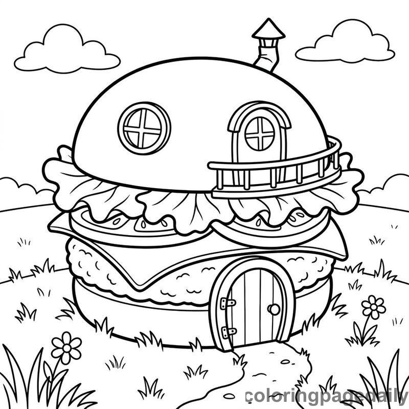 Whimsical Burger House - Daily printable coloring page in Scenery category