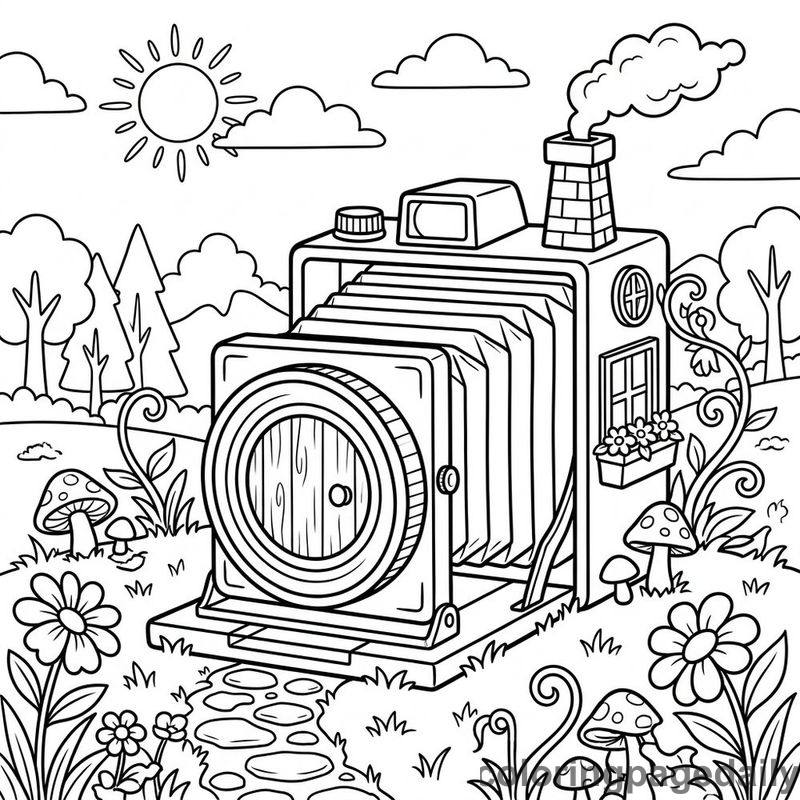 Whimsical Camera House - Daily printable coloring page in Scenery category