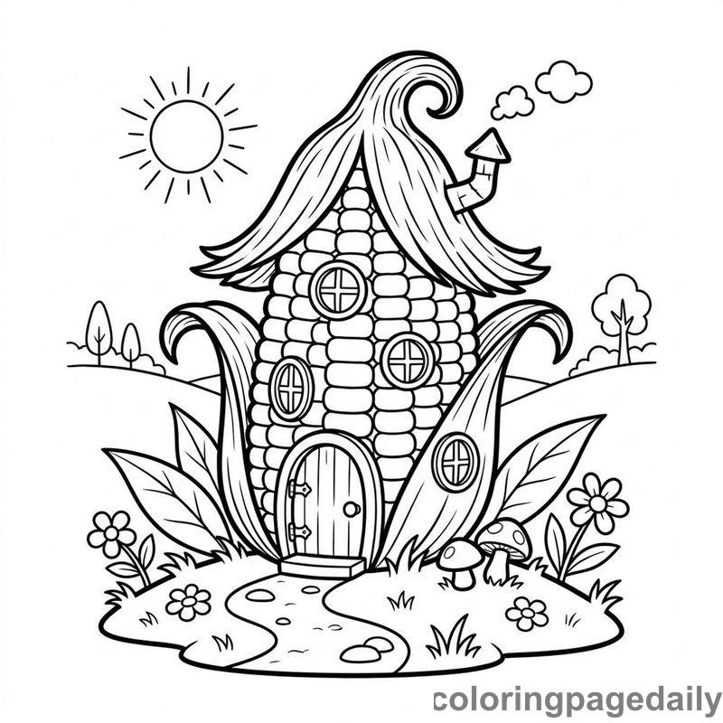 Whimsical Corn House - Daily printable coloring page in Scenery category