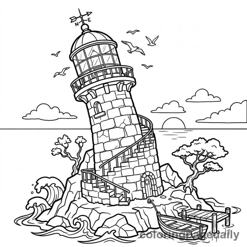Whimsical Crooked Lighthouse - Daily printable coloring page in Scenery category